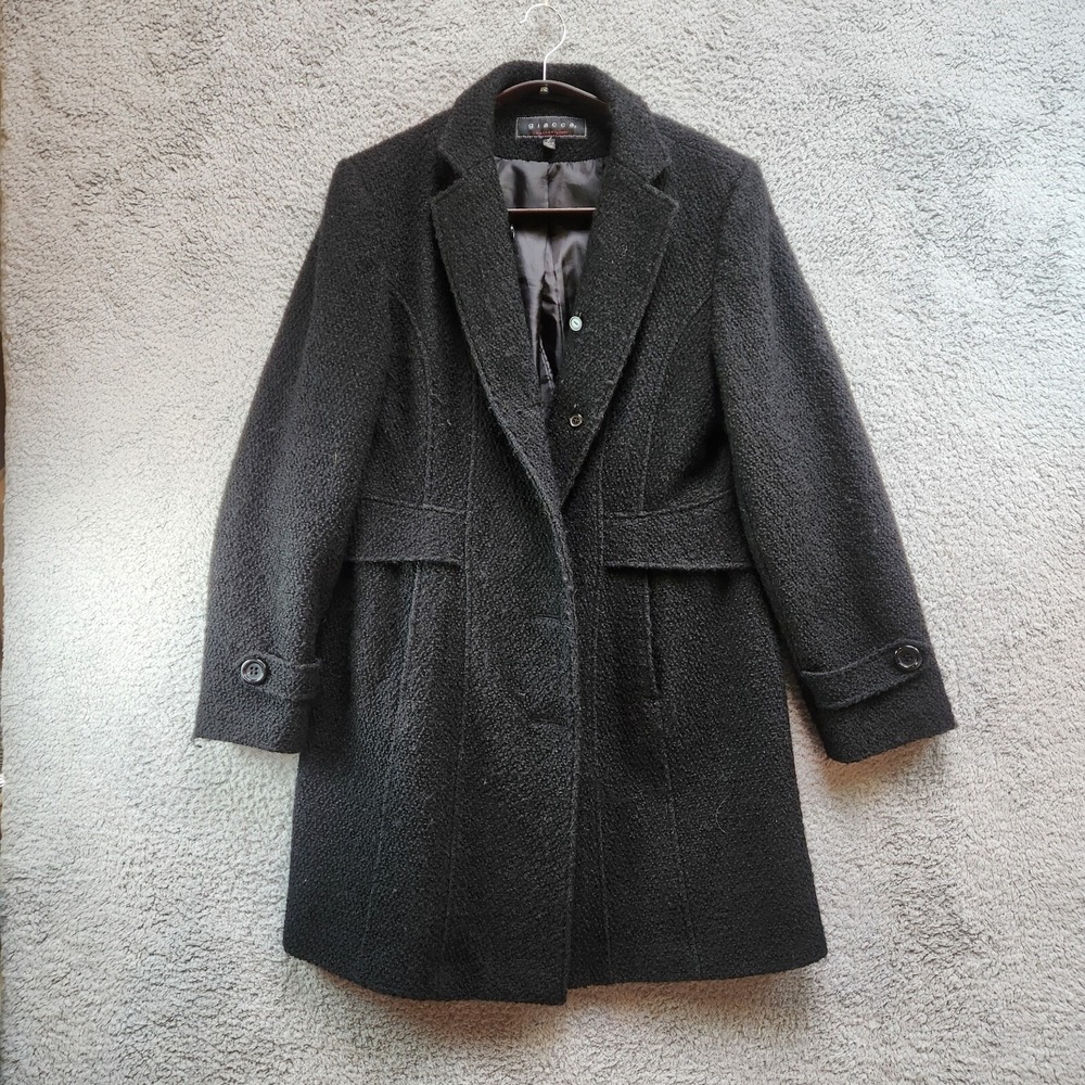 Giacca Trench Coat Women's XL Black Lined Wool Long Sleeve Notch Lapel Back Vent